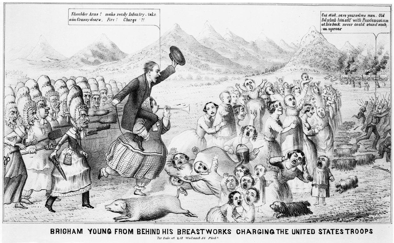 Brigham Young dietro le sue barricate che carica le truppe degli Stati Uniti da American School