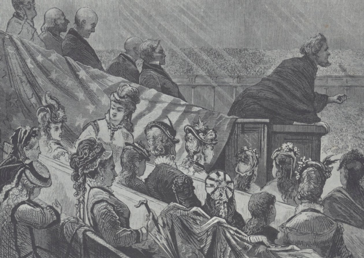 Brigham Young osservato dalle sue numerose giovani mogli mentre predica al Grande Tabernacolo Mormone, Utah da American School
