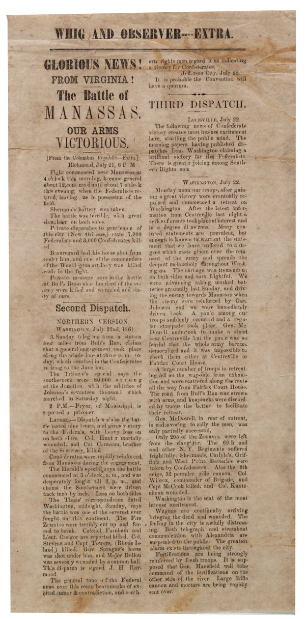 Manifesto che annuncia la Prima Battaglia di Manassas, Whig e Observer Extra, dopo il 22 luglio 1861 da American School
