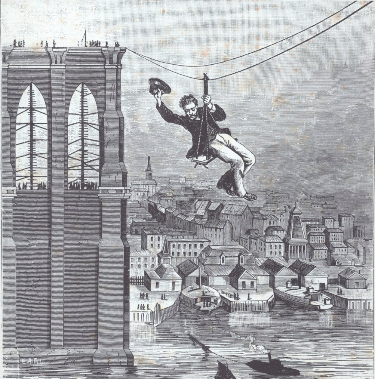 Ponte di Brooklyn in costruzione; il signor Farrington, capo supervisore della costruzione, è il primo a attraversare il tratto tra i due piloni il 25 agosto 1876 (incisione) da American School