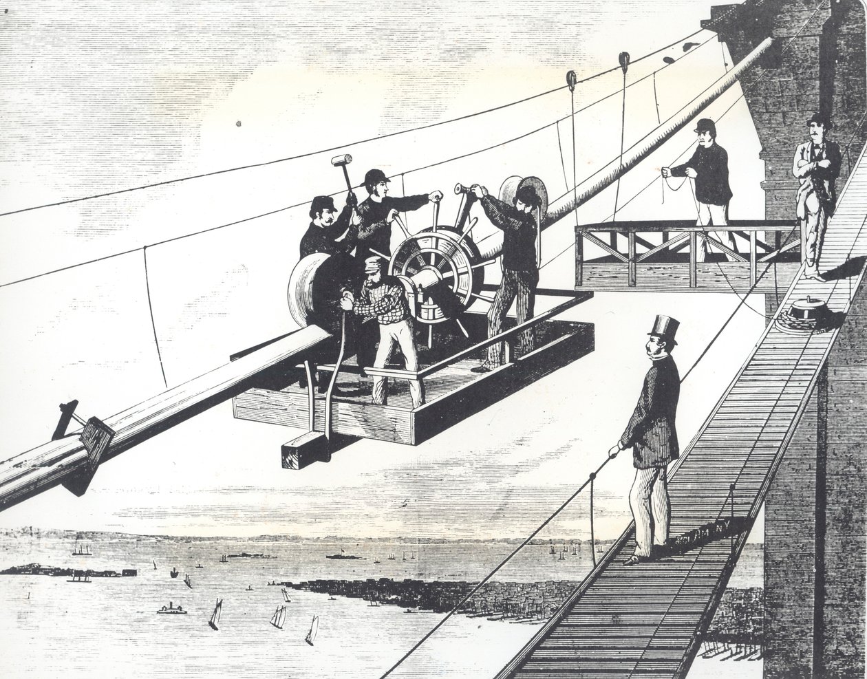 Ponte di Brooklyn in costruzione nel 1876, intrecciando i cavi di sospensione (incisione) da American School