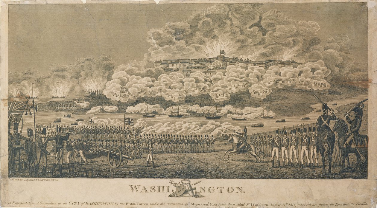 Incendio di Washington da parte dei britannici, 24 agosto 1814, pubblicato da I. Ryland da American School