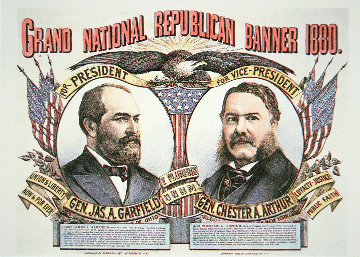 Manifesto elettorale per il candidato presidenziale James A. Garfield (1831-81) e il suo vice, Chester A. Arthur (1829-86) 1880 (litografia a colori) da American School