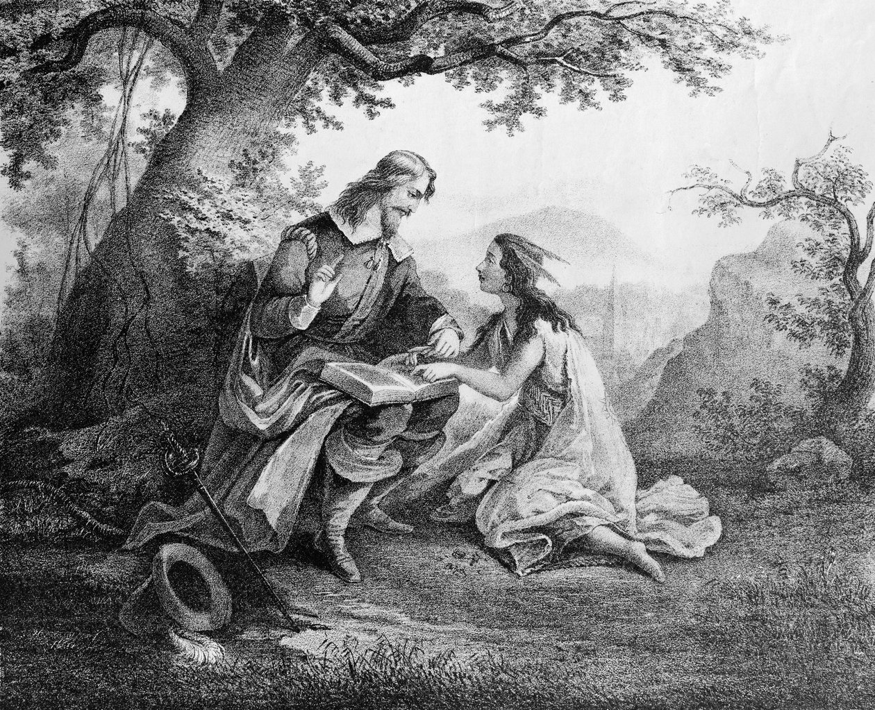 Il capitano John Smith (1580-1631) insegna a leggere a Pocahontas (c.1595-1617) da American School
