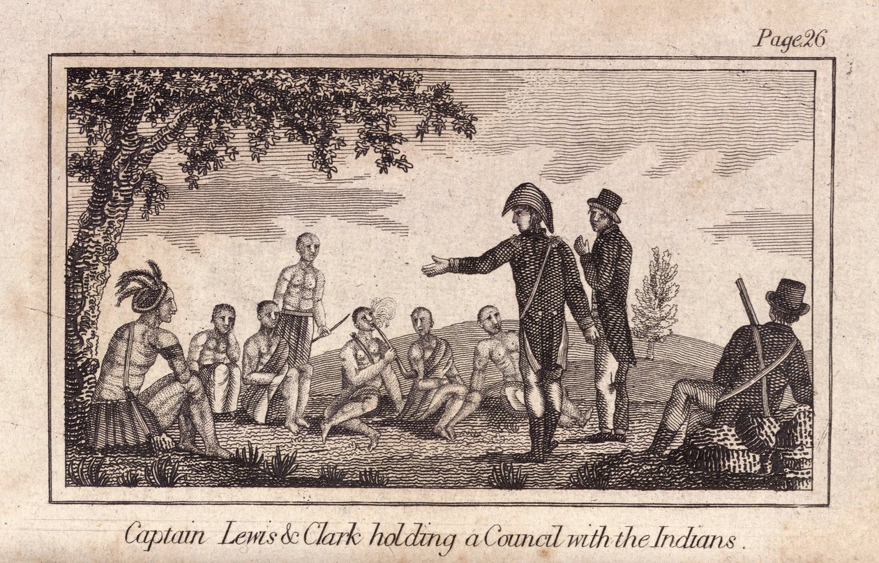 Capitano Lewis e Clarke in consiglio con gli indiani, pub. 1812 (incisione) da American School