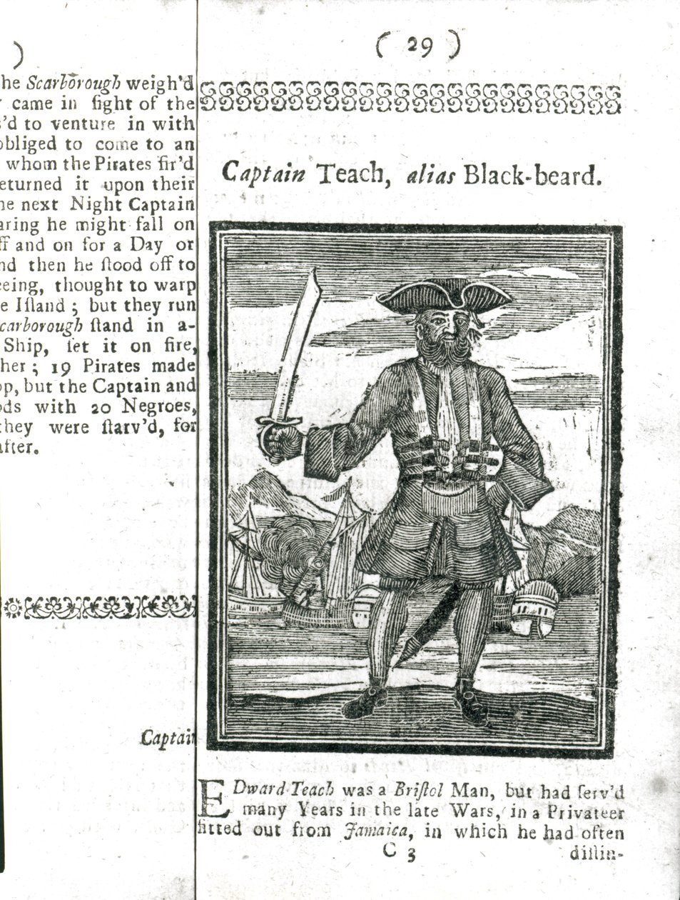 Capitano Teach, Alias Barbanera, da Storia e Vite di Tutti i Più Noti Pirati e delle loro Ciurme, Londra, 1725 da American School