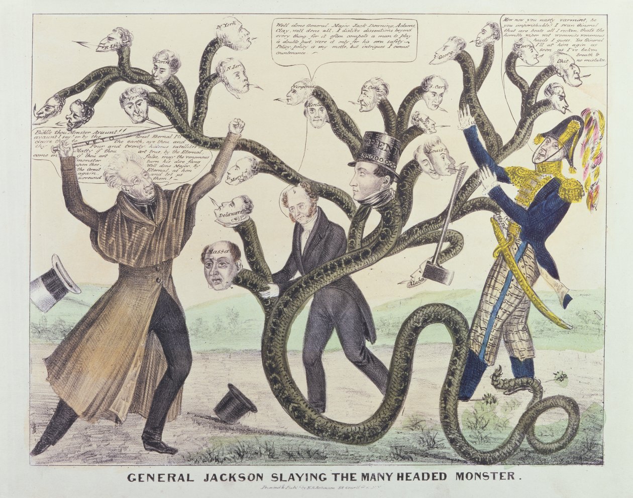 Caricatura del Generale Jackson (1767-1845) che uccide il Mostro dalle Molte Teste, pubblicata da H.R. Robinson, c.1836 da American School