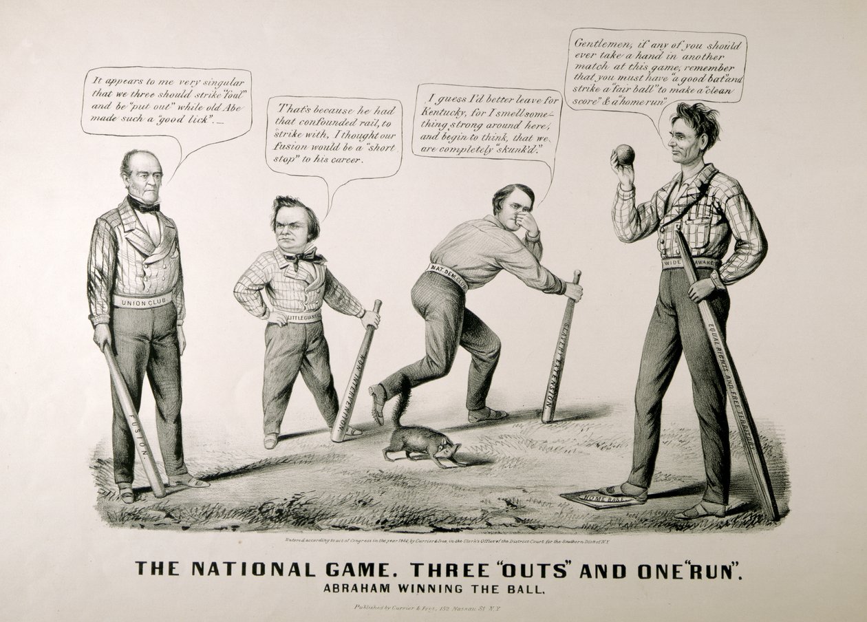 Cartone animato che mostra Abraham Lincoln (1809-65) vincere la palla contro i suoi avversari Douglas, Bell e Breckenridge nelle elezioni presidenziali del 1860, 1860 da American School