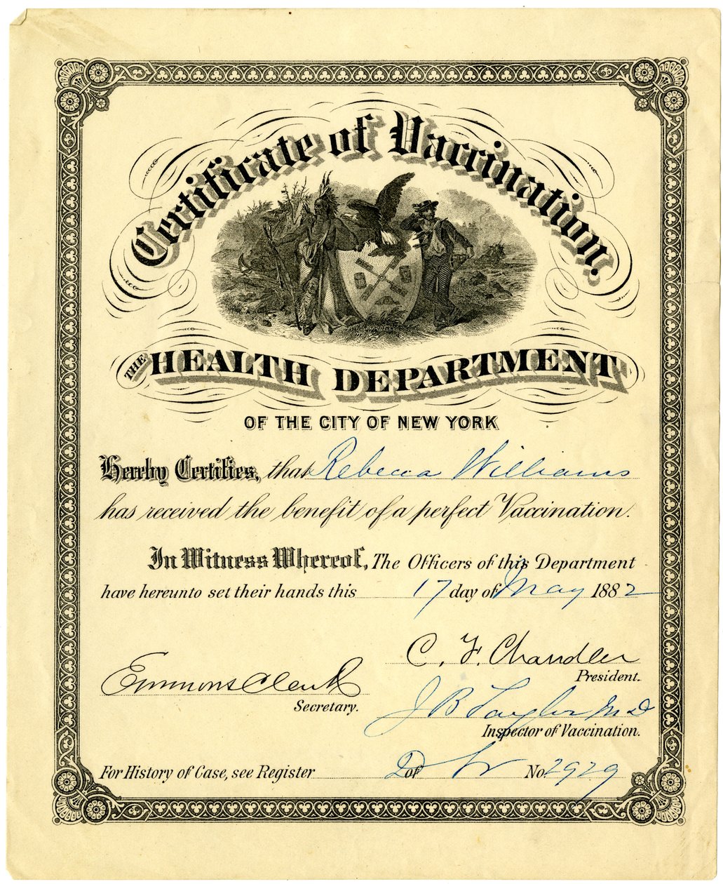 Certificato di vaccinazione, il Dipartimento della Salute della Città di New York..., 1882 da American School