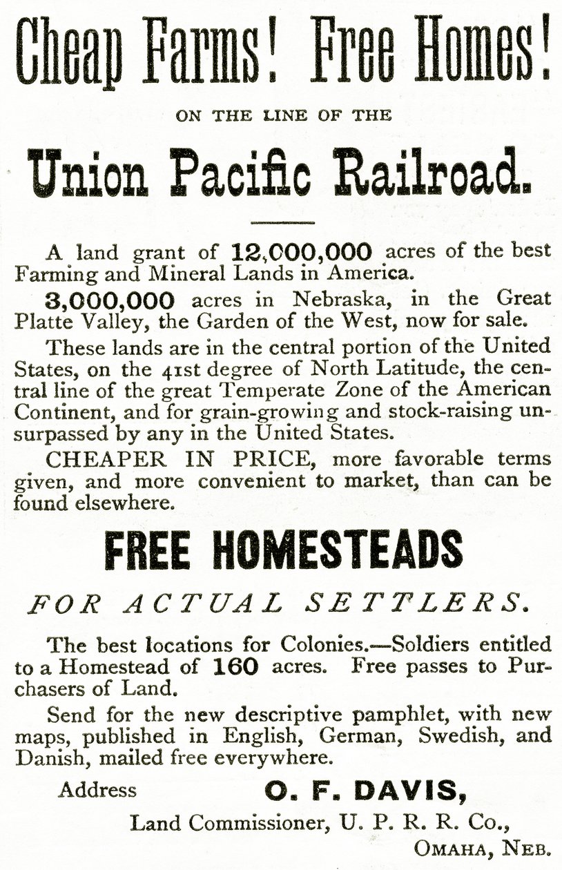 Fattorie economiche e case gratuite sulla linea ferroviaria Union Pacific, pubblicità da Appletons Journal, 4 maggio 1872 da American School