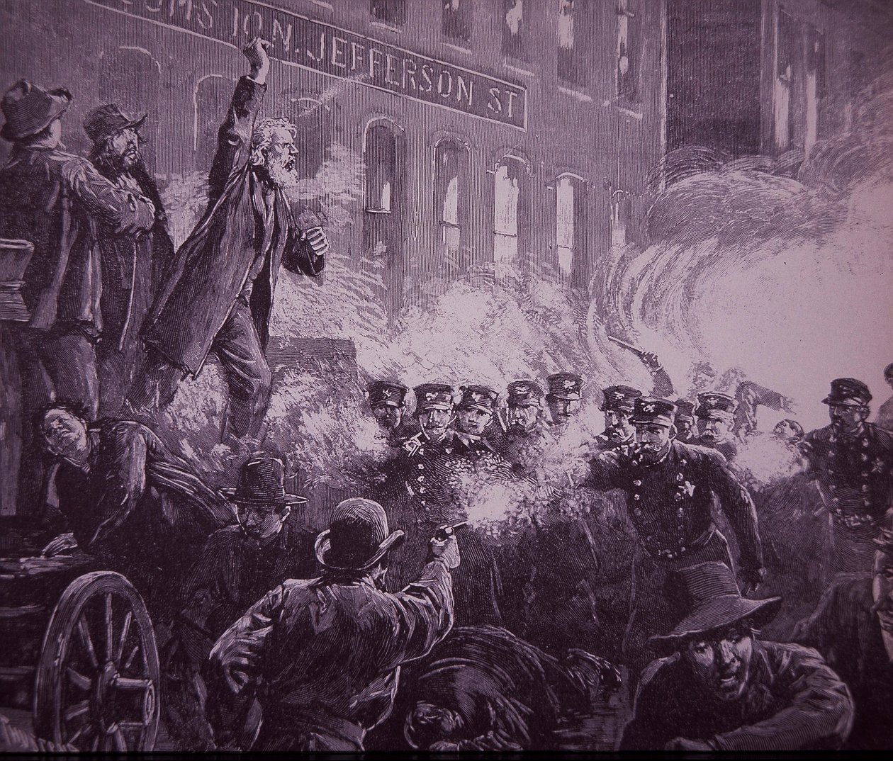 Rivolta dei lavoratori di Haymarket a Chicago del 1886, incisione pubblicata su Harper