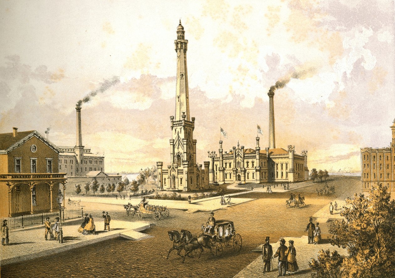 Acquedotto di Chicago, da Chicago Illustrated, con descrizioni letterarie di James W. Sheahan, pubblicato da Jevne & Almini, Chicago da American School