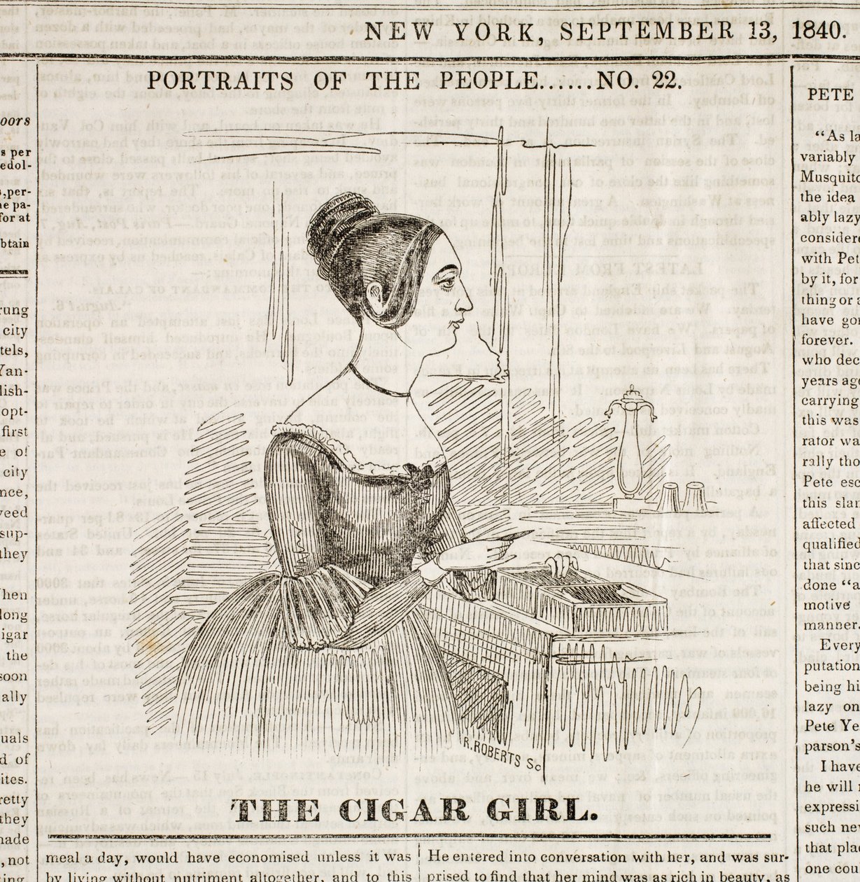 Ragazza del sigaro, prima pagina del "New York Sunday Atlas", 13 settembre 1840 da American School
