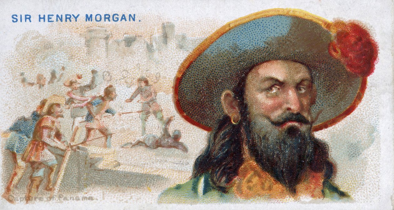 Carta da sigaretta Sir Henry Morgan, cattura di Panama, dalla serie Pirati del Mar dei Caraibi (N19), pub. 1888 da American School