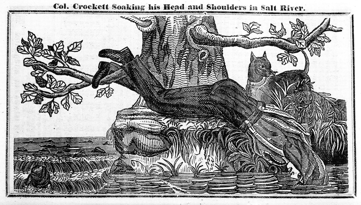 Il colonnello Davy Crockett che si immerge la testa e le spalle nel fiume Salt, da Crocketts Almanac, 1837 da American School
