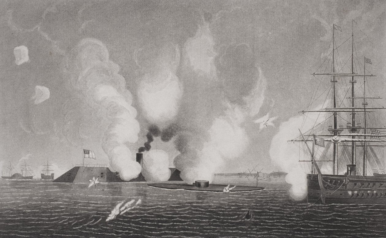 Combattimento tra la CSS Virginia Confederata (sinistra) e la USS Monitor dell