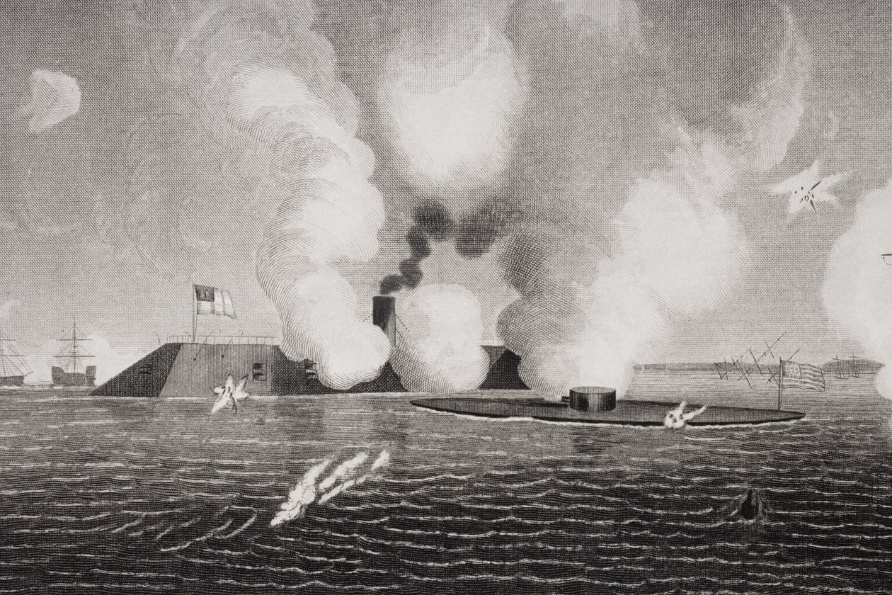 Combattimento tra la CSS Virginia Confederata (sinistra) e la USS Monitor dell