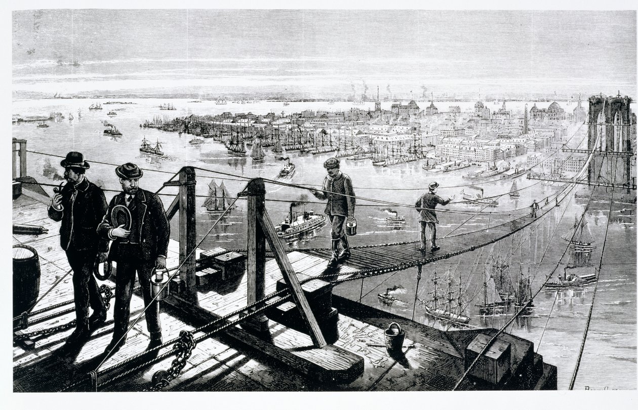 Costruzione del Ponte di Brooklyn, New York da American School