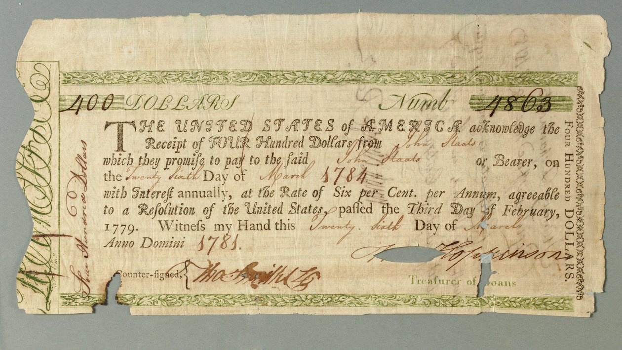 Certificato di prestito continentale numero 4863 firmato dal tesoriere Francis Hopkinson, 26 marzo 1781 da American School