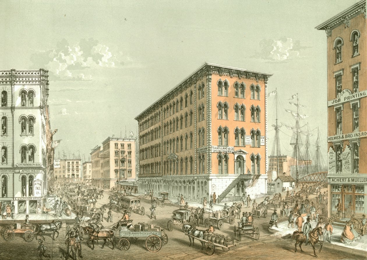 Angolo di Clark e South Water Street, da Chicago Illustrated, con descrizioni letterarie di James W. Sheahan, pubblicato da Jevne & Almini, Chicago da American School