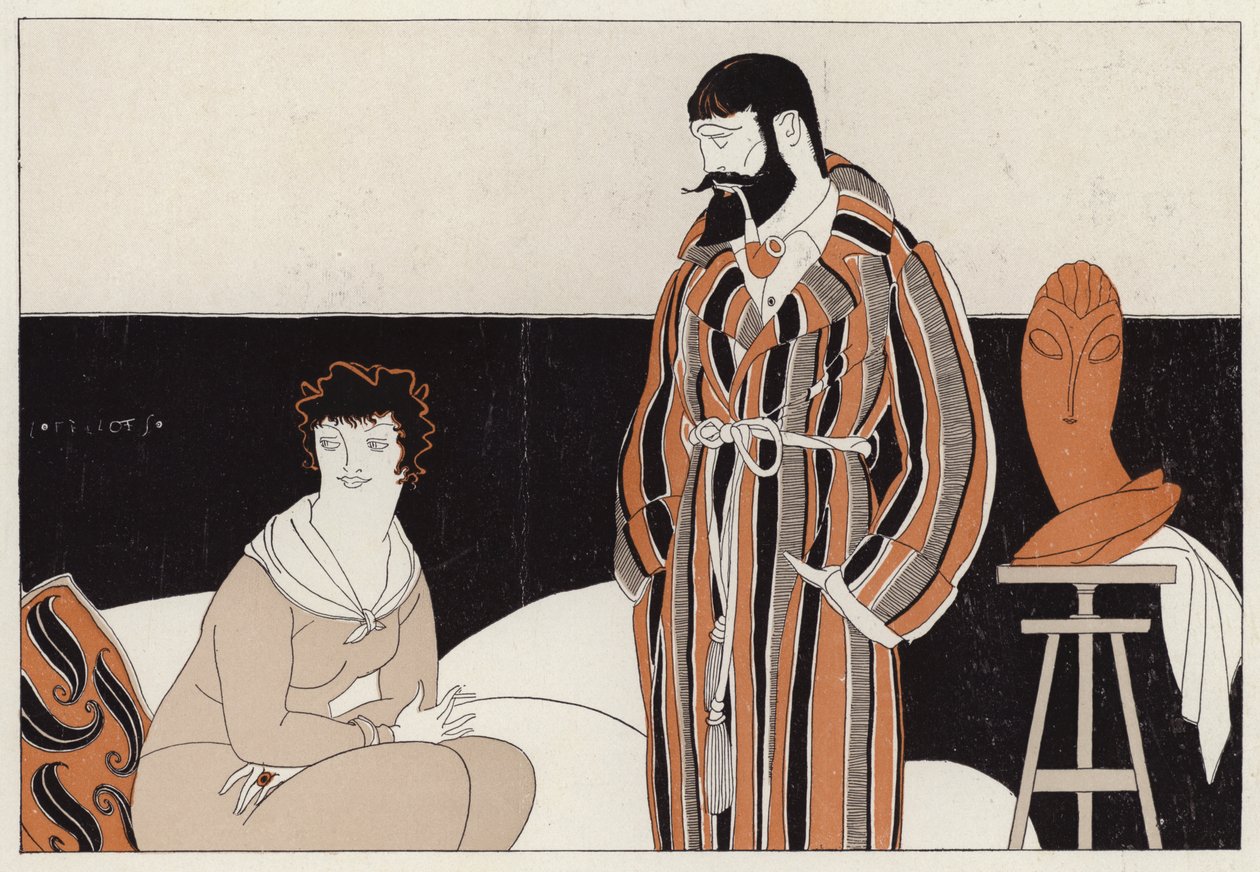Coppia che si fa beffe della coesistenza tra matrimonio e arte, scena tratta dal racconto A Vassal To Art di J A Waldron (litografia a colori) da American School