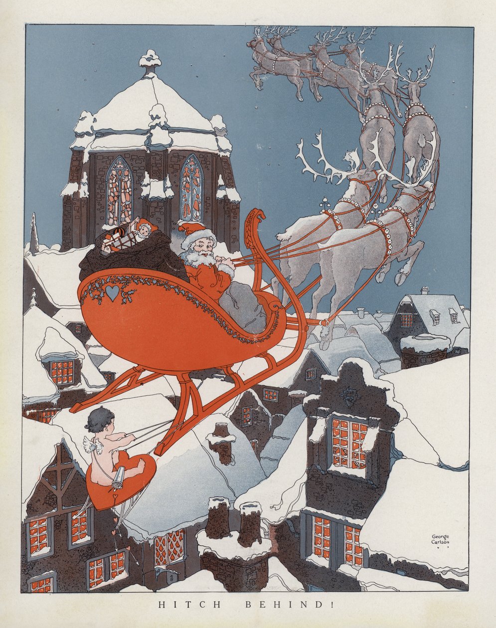 Cupido che fa un giro sulla slitta di Babbo Natale (litografia a colori) da American School