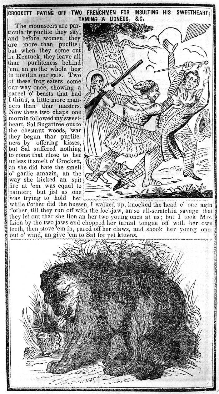 Davy Crockett che paga due francesi per aver insultato la sua amata, domando una leonessa, ecc., illustrazione da Crocketts Almanack da American School