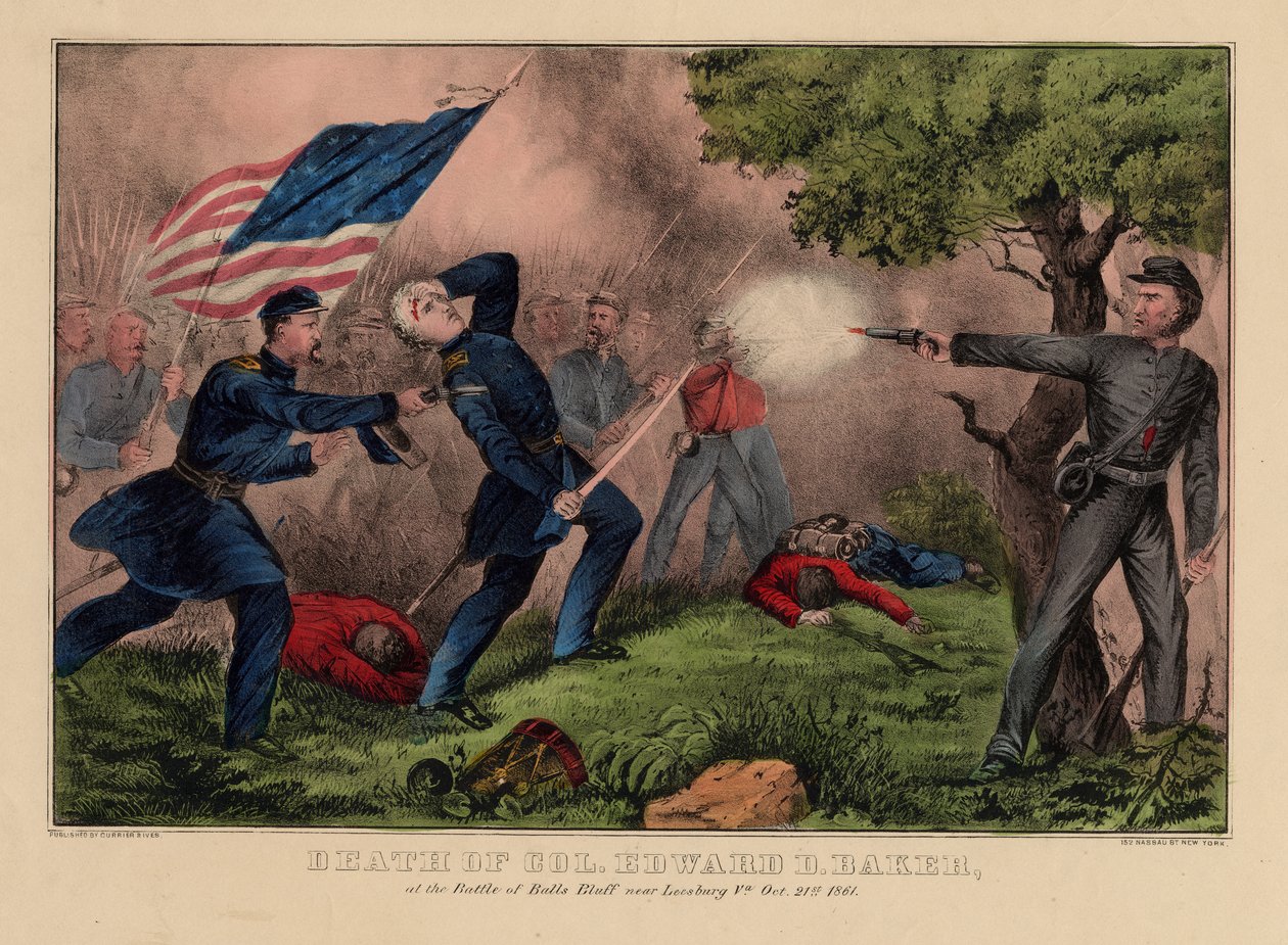 Morte del Col. Edward D. Baker, nella battaglia di Balls Bluff vicino a Leesburg VA., 21 ottobre 1861, pub. da Currier & Ives, c.1861 da American School
