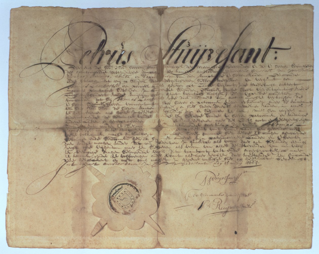Atto firmato da Peter Stuyvesant, Direttore Generale di New Netherland, 15 maggio 1664 da American School