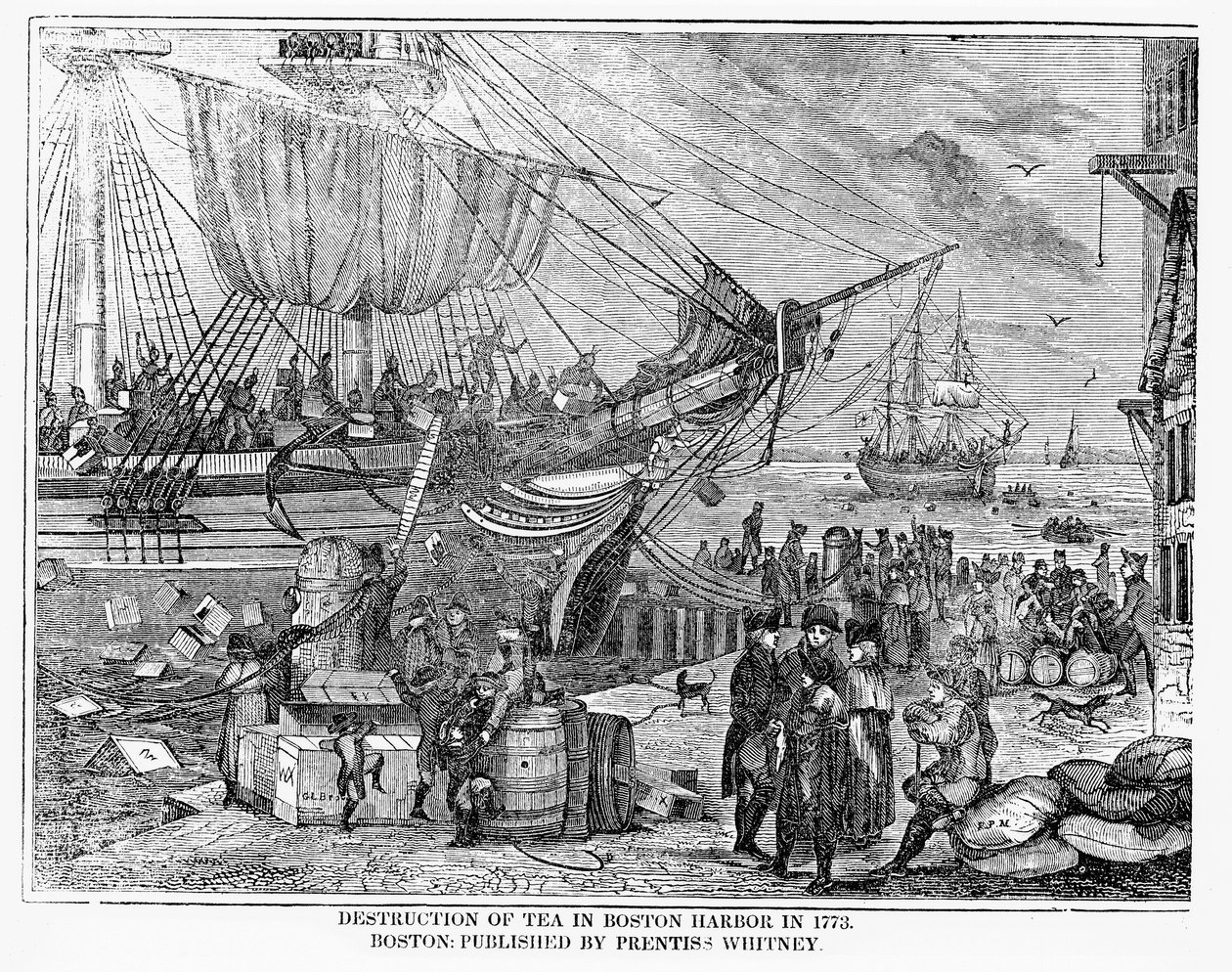 Distruzione del tè nel porto di Boston nel 1773 da American School