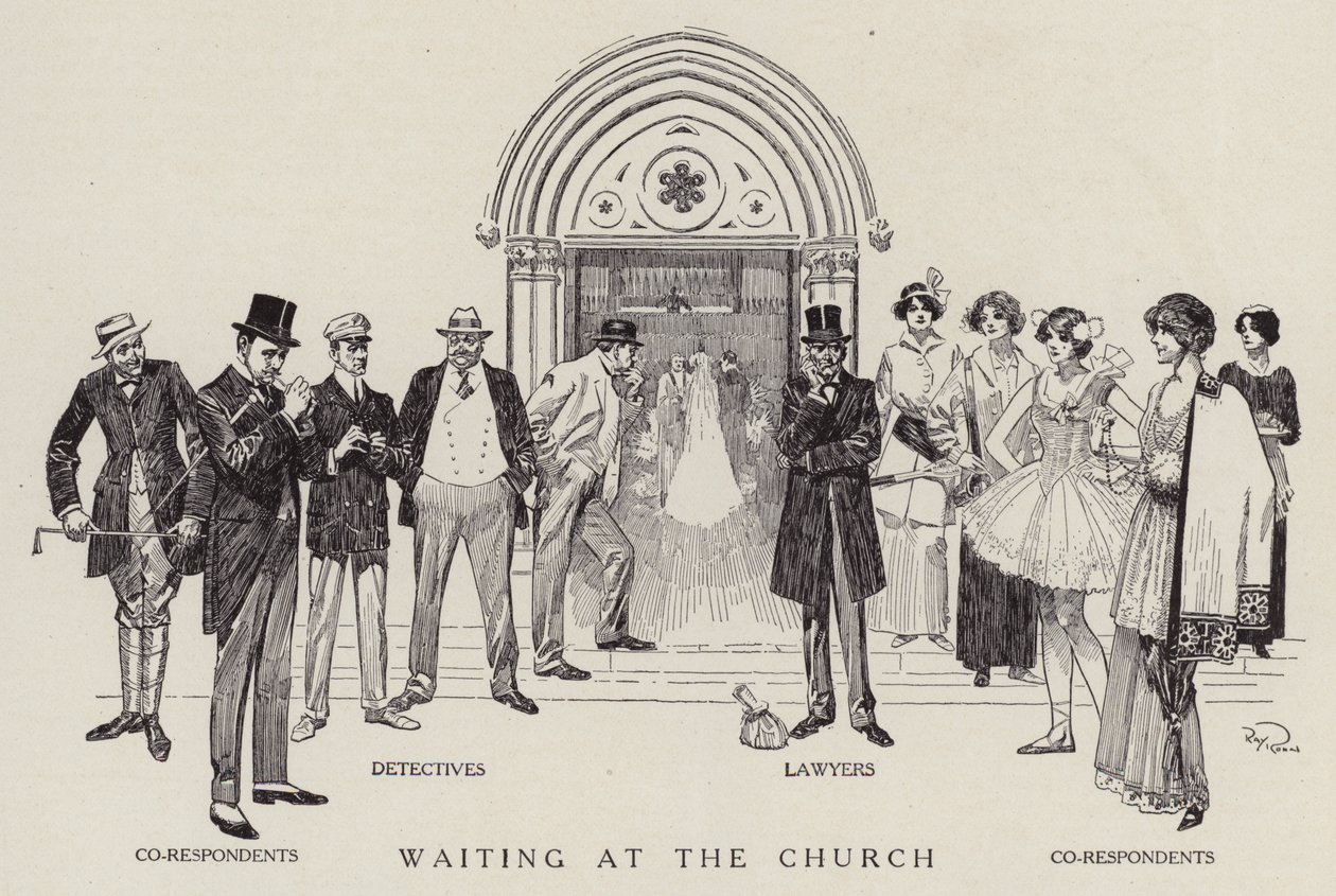 Detective, avvocati e correligionari in attesa della fine di un matrimonio in chiesa (litografia) da American School