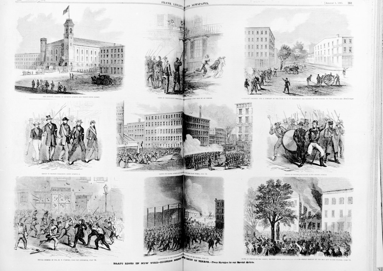 Rivolte della leva a New York, scene emozionanti durante il regno del terrore, 1863 da American School