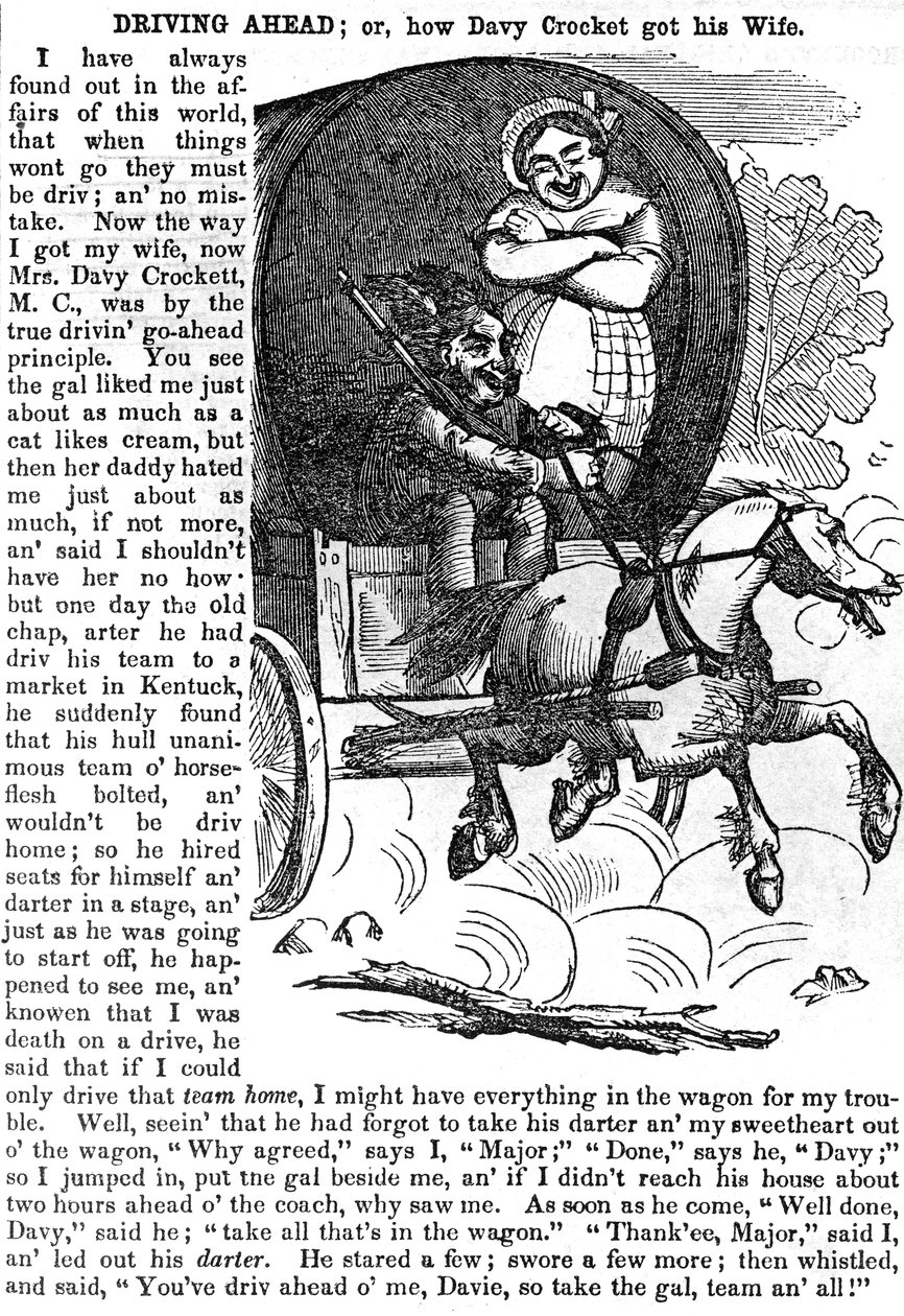 Avanti, o come Davy Crocket ha ottenuto sua moglie, da Crocketts almanac per il 1856, pubblicato, New York, 1855 da American School