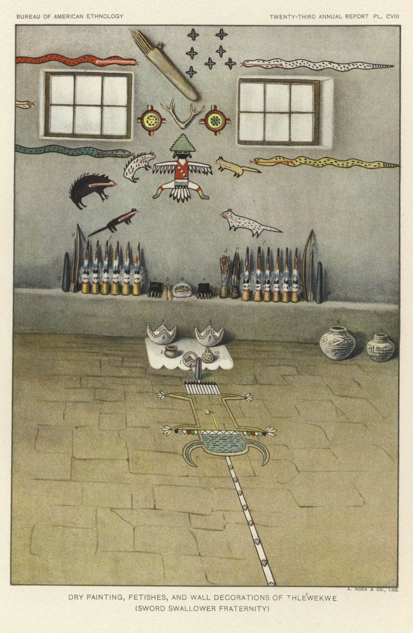 Pittura a secco, feticci e decorazioni murali di Thlewekwe (confraternita degli ingoiatori di spade) (litografia a colori) da American School