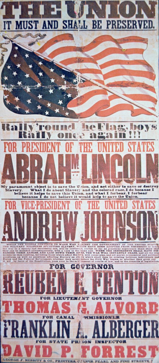 Manifesto della campagna elettorale per Abraham Lincoln (1809-65) come Presidente e Andrew Johnson (1808-75) come Vice Presidente da American School