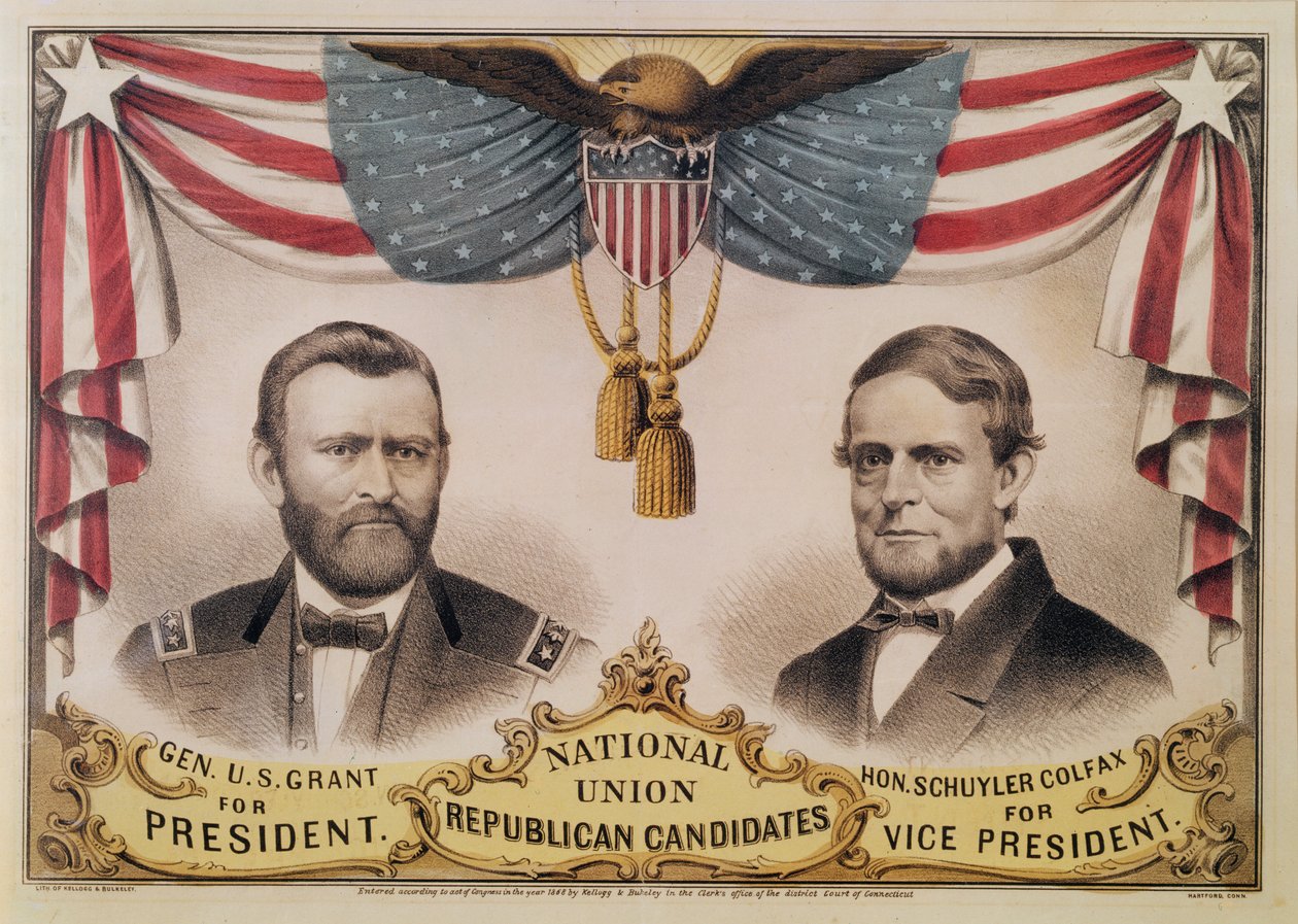 Manifesto elettorale per le elezioni presidenziali USA del 1868 raffigurante Ulysses S. Grant e Schuyler Colfax, 1868 da American School