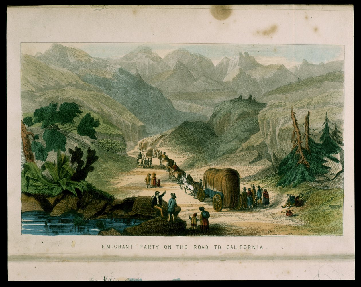 Partito di emigranti sulla strada per la California nel 1596, illustrazione da California, its past history, its present position, its future prospects di G.A. Fleming, 1850 da American School