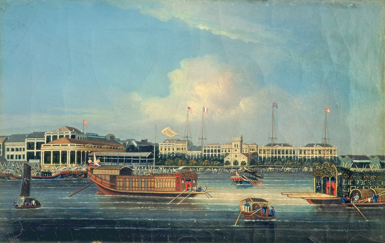 Fabbriche a Canton, dal porto, Cina, 1850 da American School
