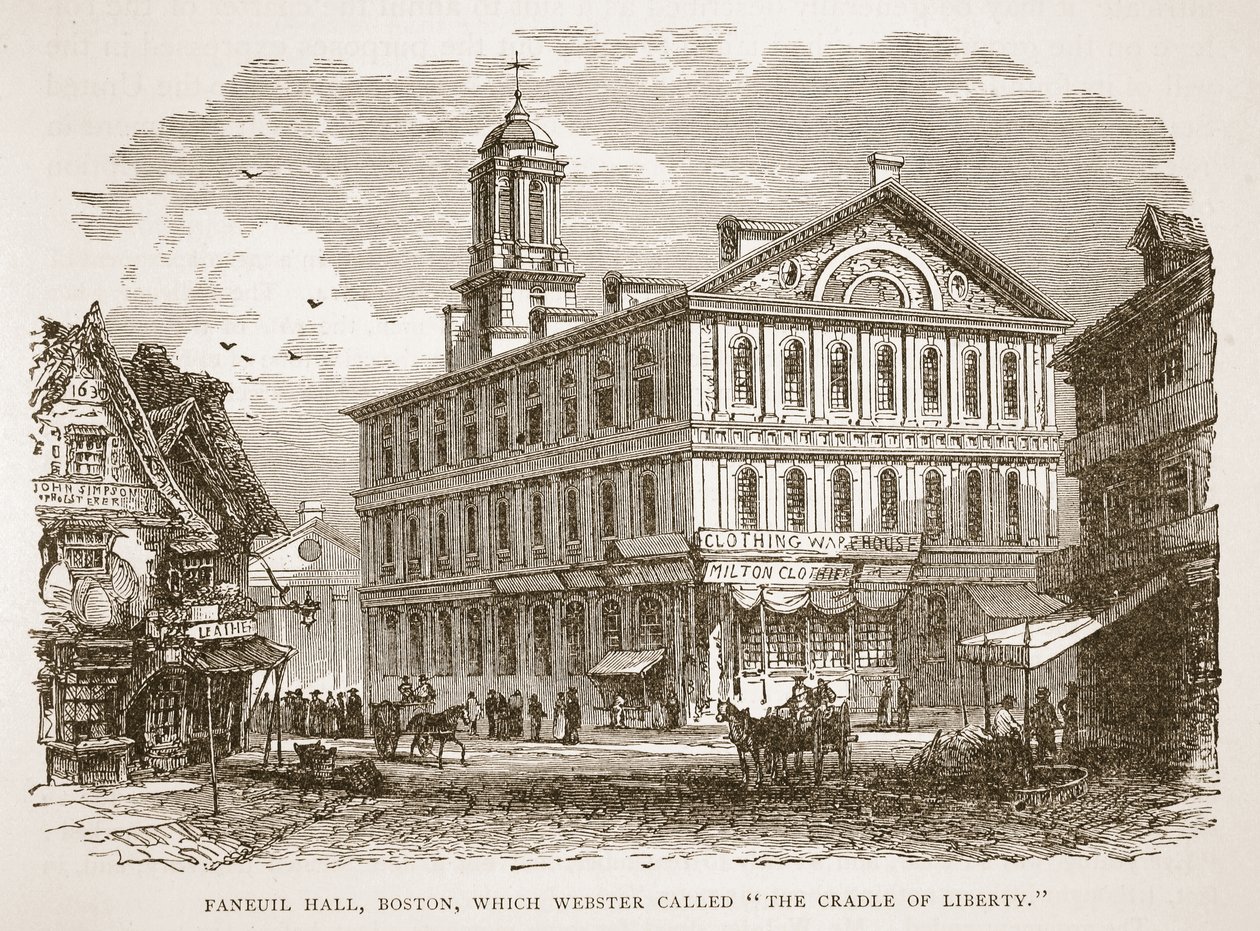 Faneuil Hall, Boston, che Webster chiamò La Culla della Libertà, da un libro pub. 1896 da American School