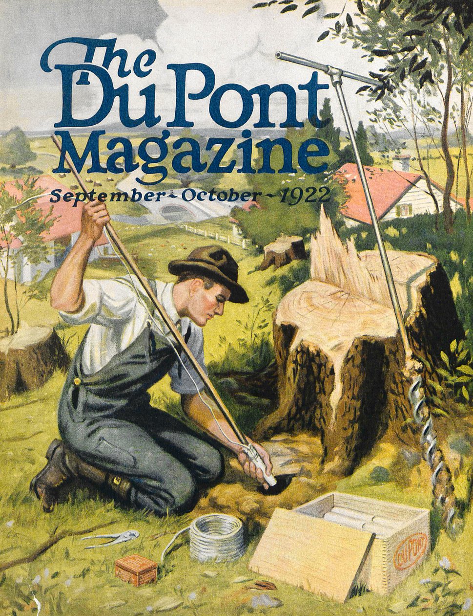 Contadino che pianta dinamite DuPont, copertina della rivista DuPont, settembre-ottobre 1922 da American School