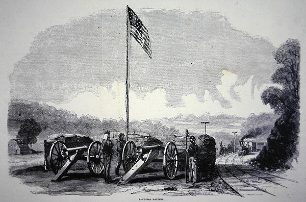 Batteria di sacchi di sabbia federale per proteggere la ferrovia durante la Guerra Civile Americana (1861-65) da American School
