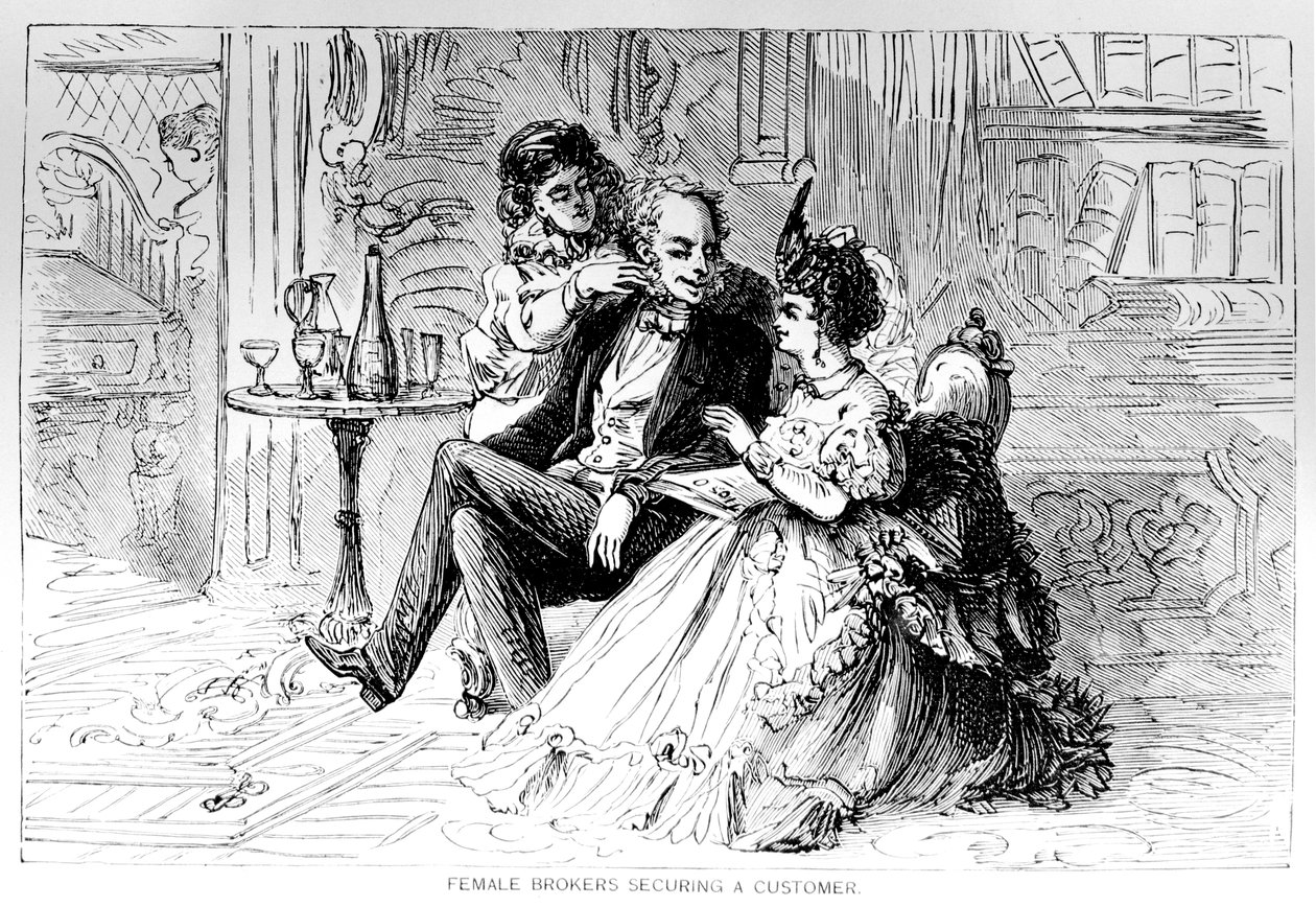 Broker femminili che assicurano un cliente, illustrazione da I tori e gli orsi di New York, di Matthew Hale Smith (1810-79) 1873 da American School