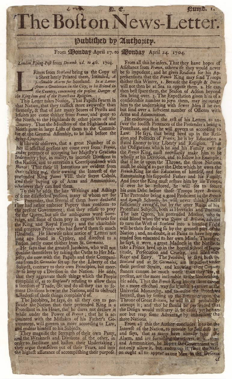 Primo numero del Boston News-Letter, 1704 da American School