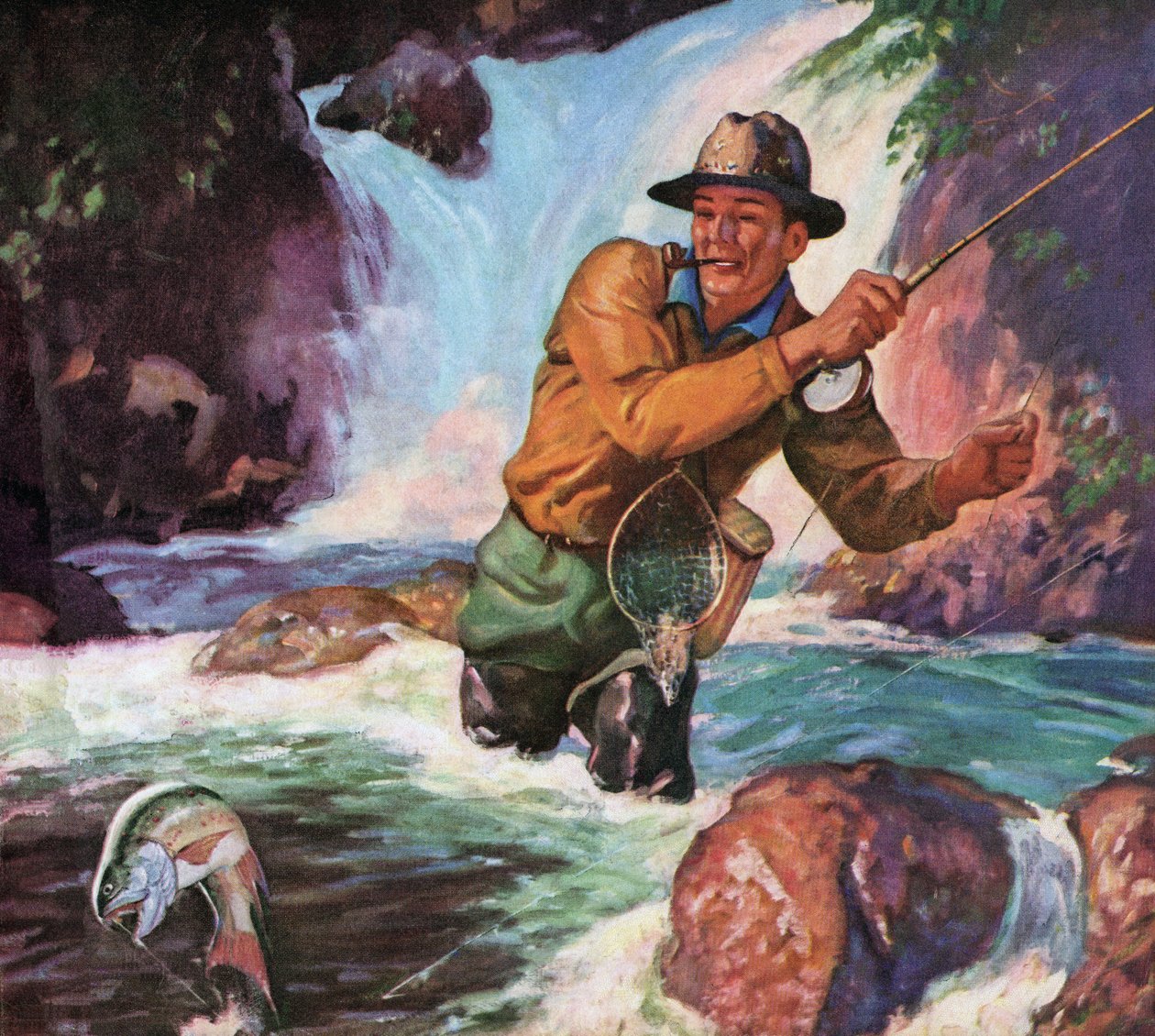 Pescatore a mosca in un fiume che cattura una trota di ruscello da American School
