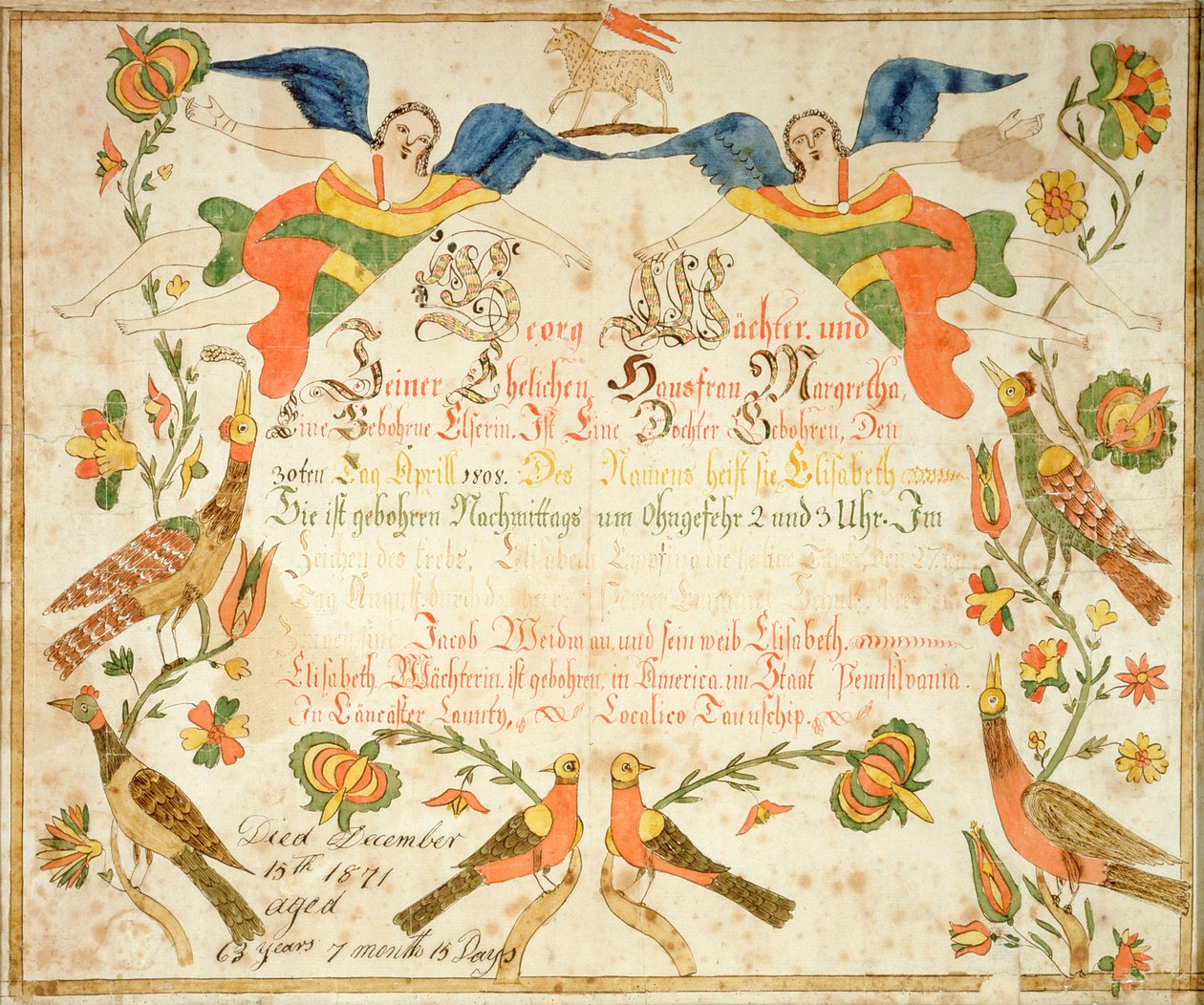 Fraktur per il certificato di nascita e battesimo di Elizabeth Wachter (1808-71) 1808 (inchiostro e acquerello su carta) da American School