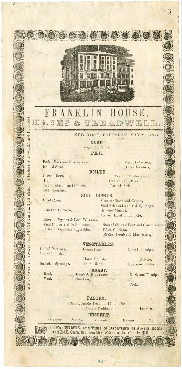 Menù della Franklin House per il 23 maggio 1844, 1844 da American School