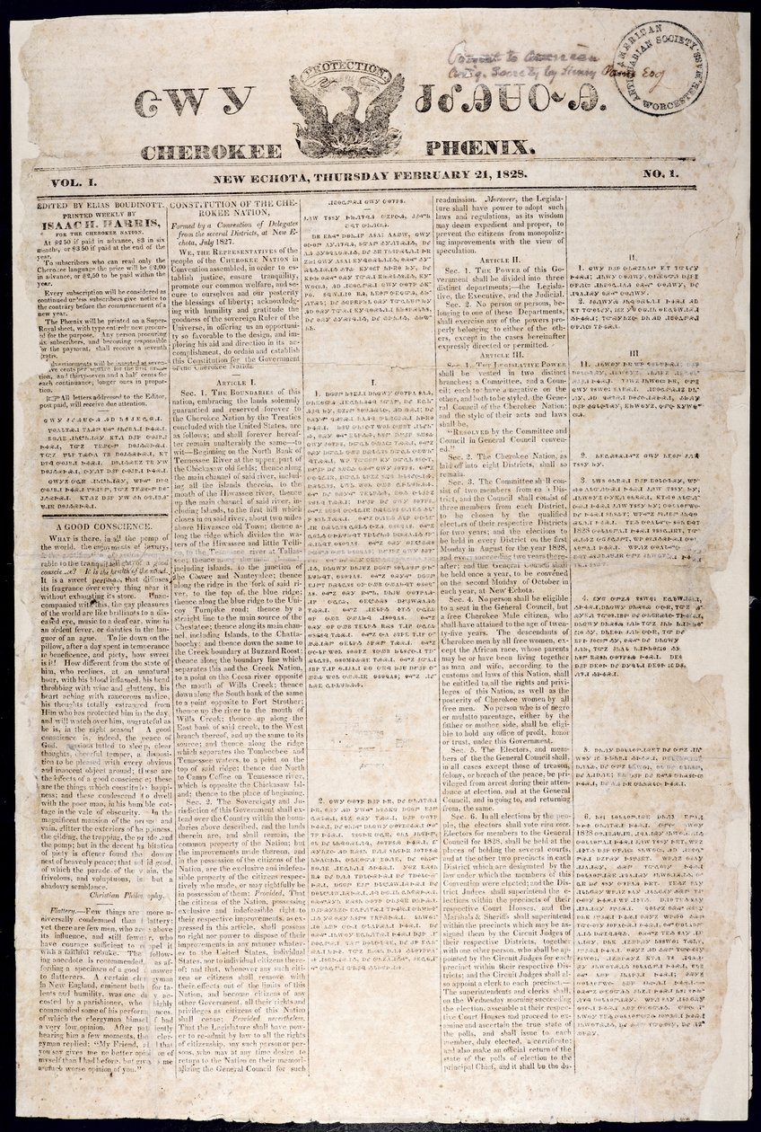 Prima pagina del Cherokee Phoenix, 21 febbraio 1828 da American School