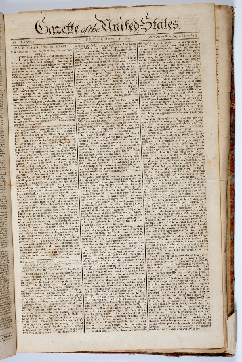 Prima pagina della Gazette of the United States, 15 aprile 1789 da American School
