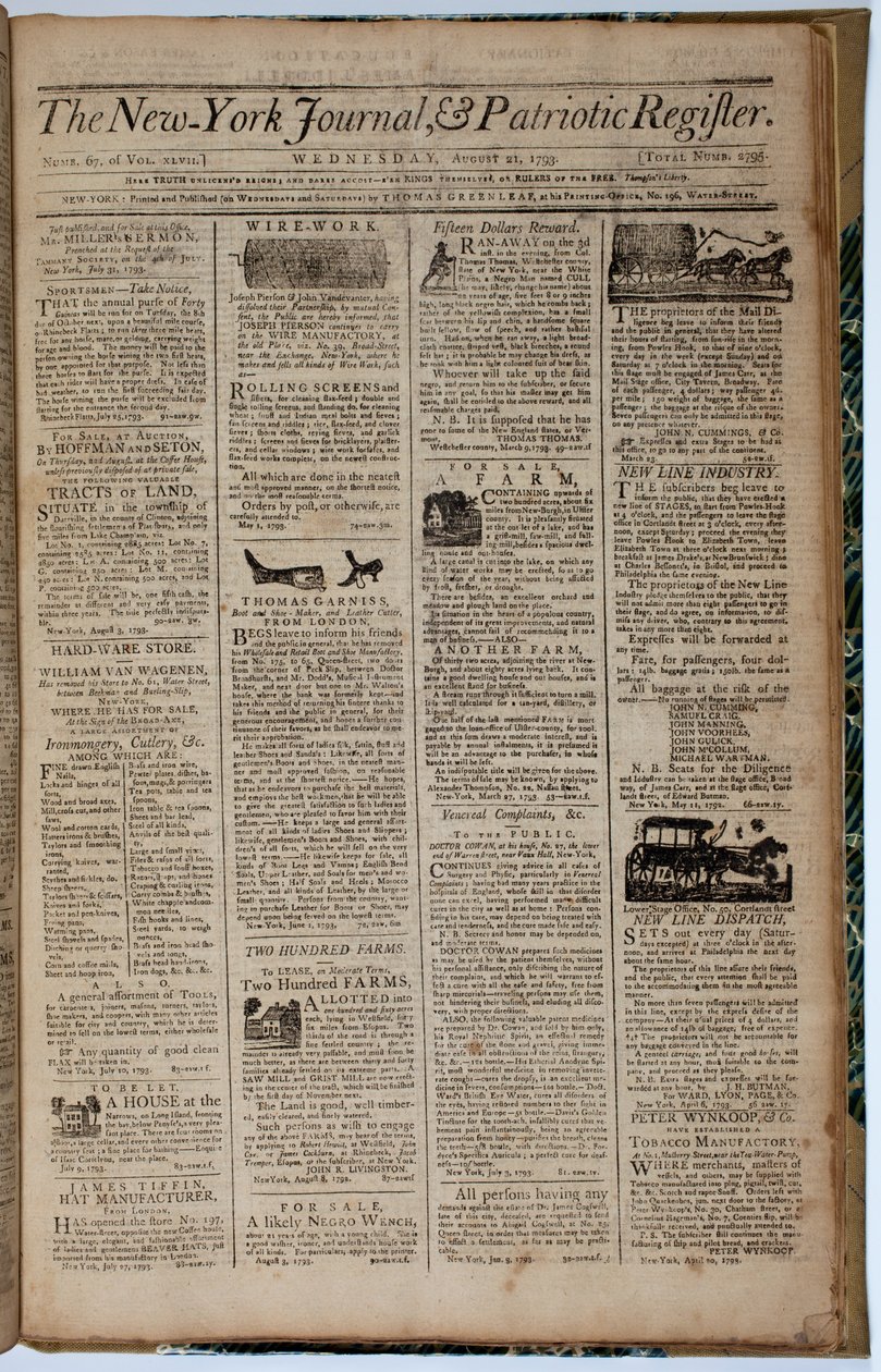 Prima pagina del New York Journal and Patriot Register, 21 agosto 1793 da American School