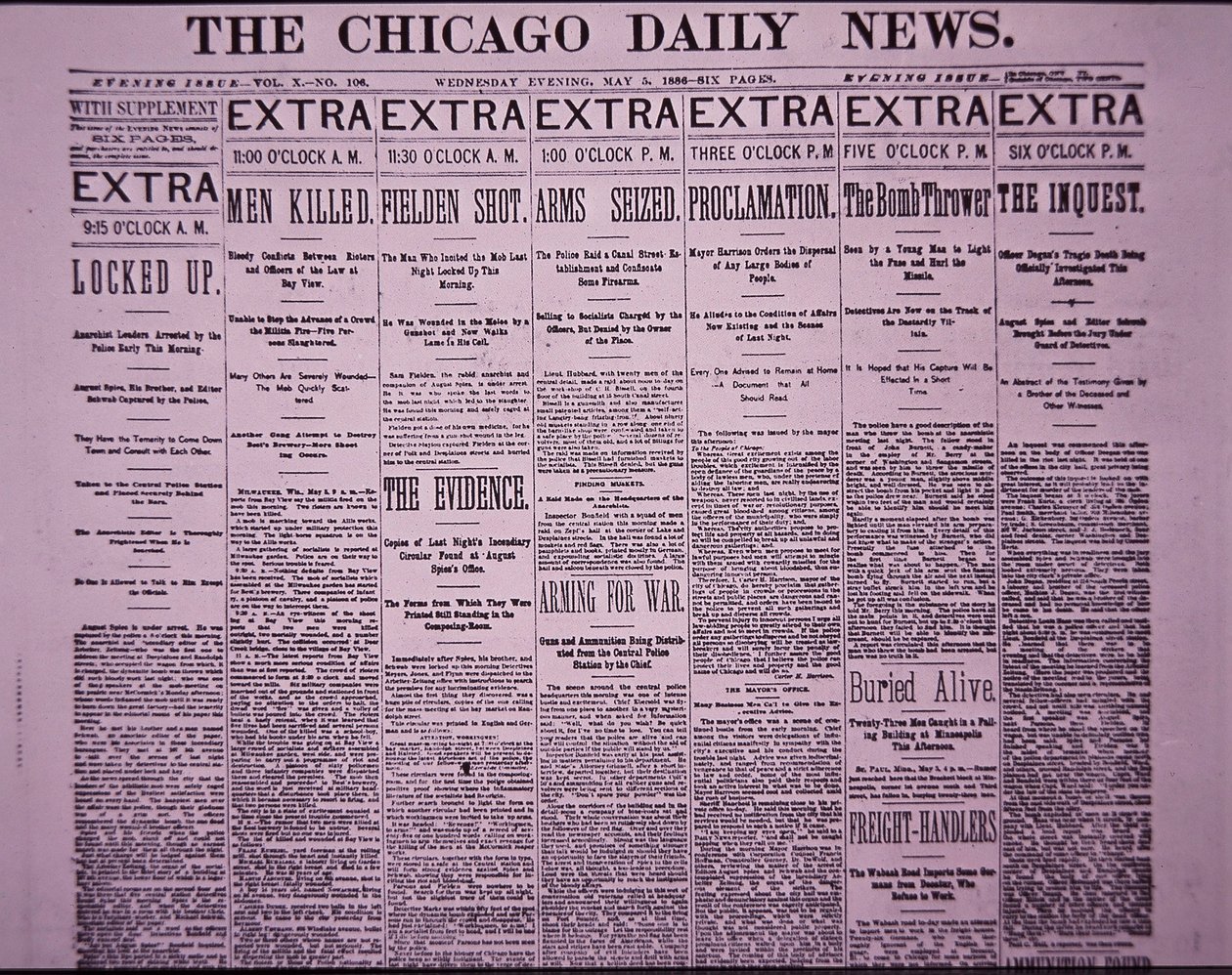 Prima pagina del Chicago Daily News che riporta la rivolta dei lavoratori di Haymarket a Chicago, 5 maggio 1886 da American School